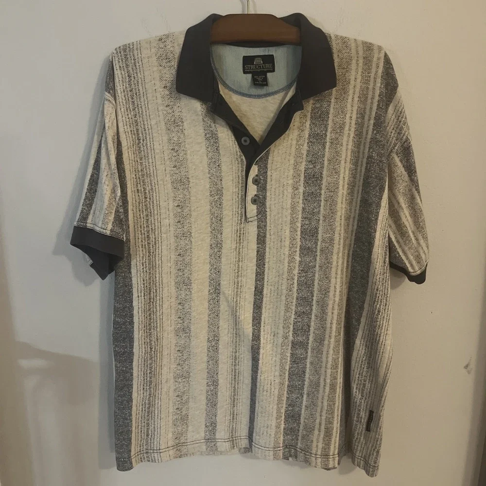Vintage 90's Street wear Men's Polo STRUCTURE‎ faded Stripes 100% Cotton Sz L